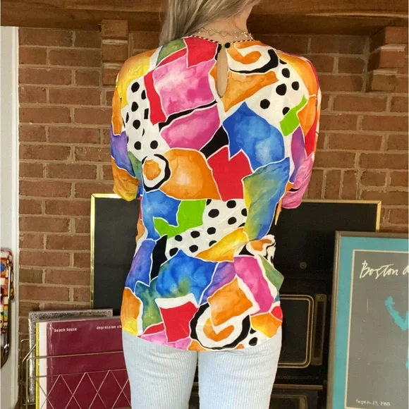 Vintage 80s 90s Studio Image Abstract Print Art Rainbow Top High Neck Cr… - Picture 5 of 12